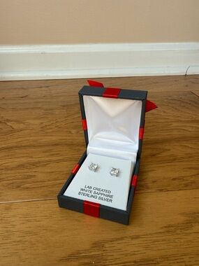 Sterling Silver White Sapphire Stud Earrings in Gift Box
